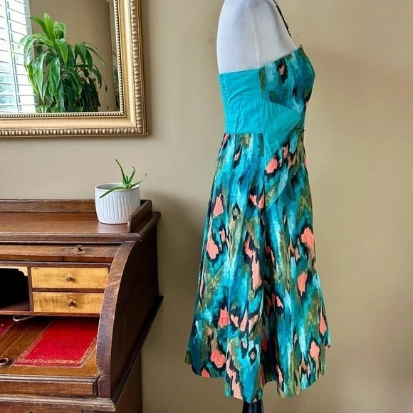 Anthropologie Girls From Savoy Teal Painted Ikat Strapless Dress Southwest Sz 4 - Picture 9 of 15